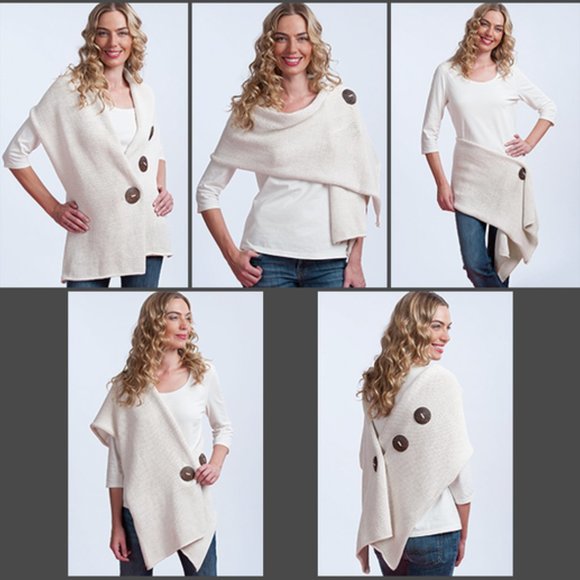 100% Cotton Handknit 3 Button Wrap by Pure - Ivory/Natural - Picture 2 of 6